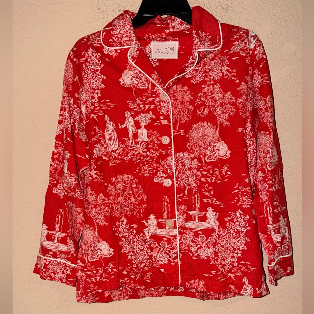 Red French Toile Pajama Top | Scenic Print Button Front